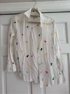 LOFT White Button-Front Shirt with Multicolor Pineapple Embroidery